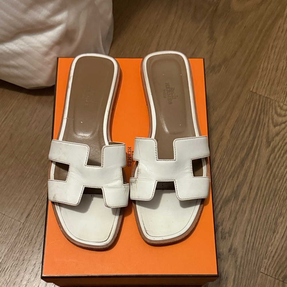 Hermes White Slide Sandals